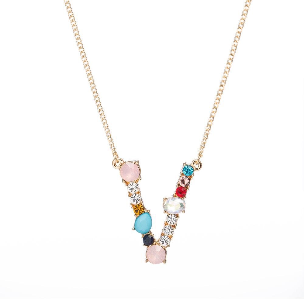 Initial Letter V Necklace with Rhinestones